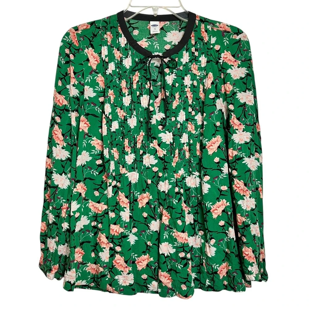 Old Navy Green Floral Pintuck Tie Neck Long‎ Sleeve Blouse Top Women's XS (3120)